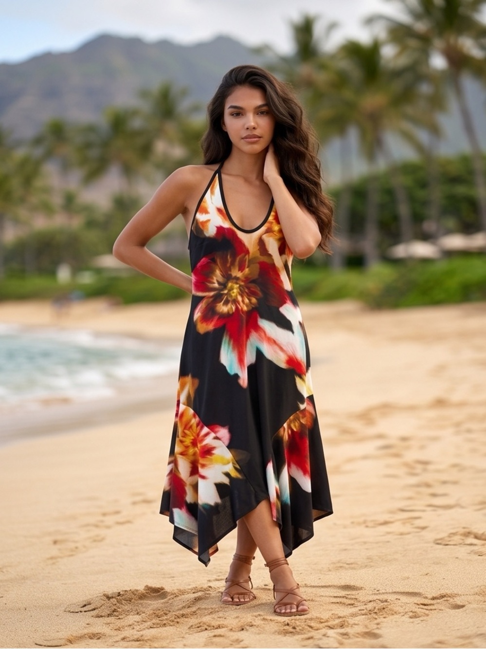Ashley Graham Black Floral Handkerchief-Hem Maxi Dress